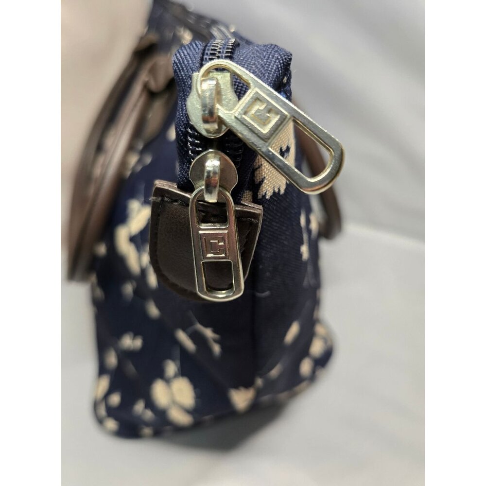 Chaps Navy Blue Floral Tote Bag With Brown Handles & Zipper Closure - Picture 6 of 16